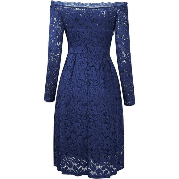 💙 Off Shoulder Lace Retro Pinup Vintage 1950s Long Sleeves Navy Dress L NWT - Picture 4 of 16